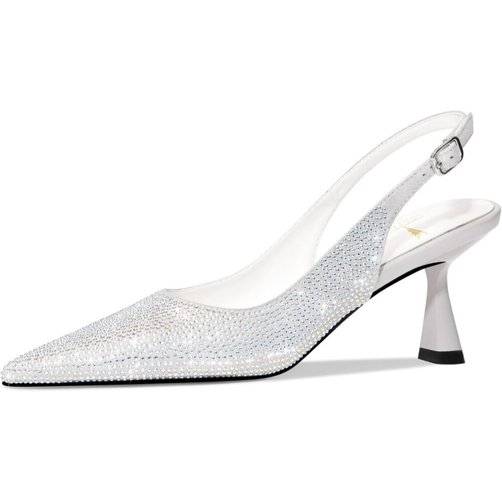 🆕Women Multicolor Faux Leather Kitten Heels Slingback  Rhinestone Dress Pumps